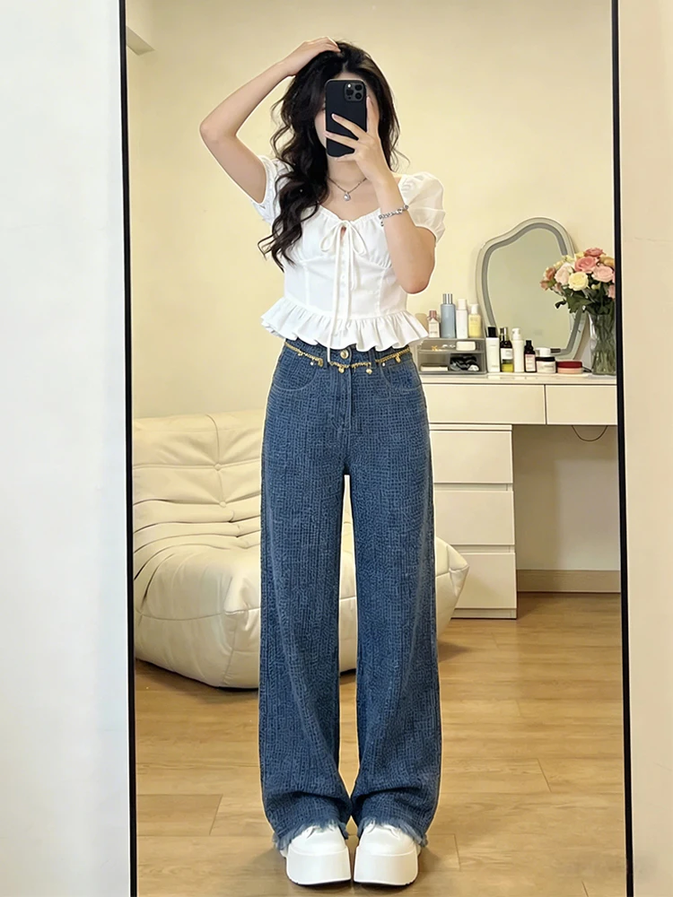 

Женские джинсы с высокой талией и широкими штанинами, синие, повседневные, прямого кроя, свободные, весенняя мода