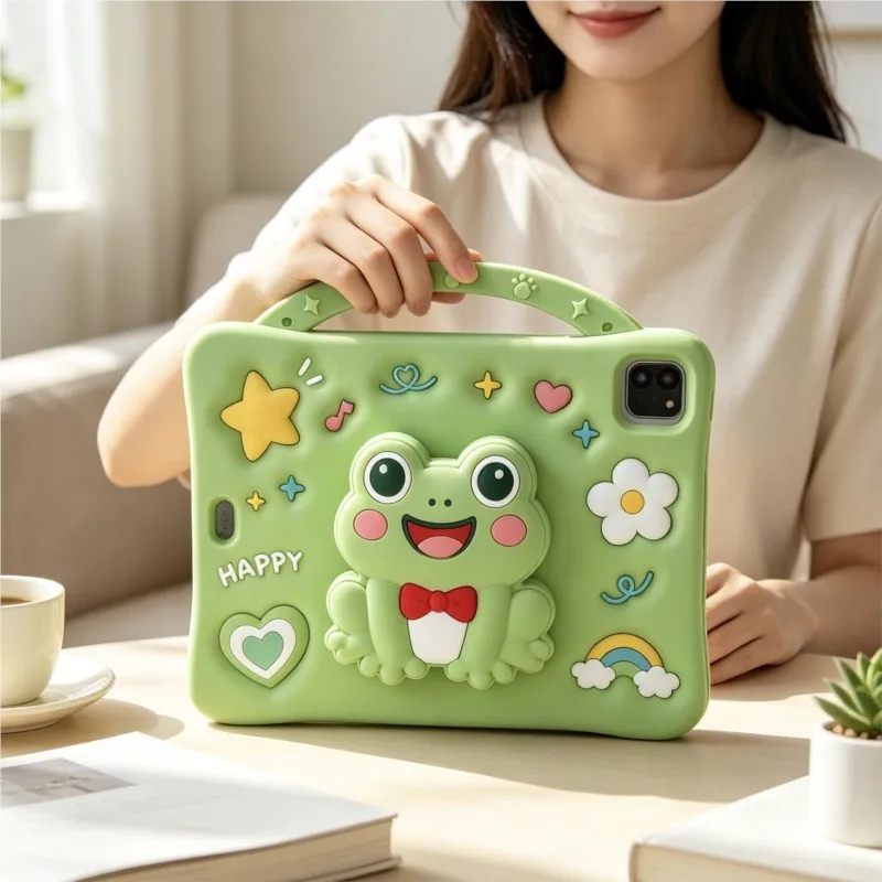 Cute 3D Cartoon Frog Tablet Case Kids Shockproof Handle Pencil Holder for Xiaomi Redmi Pad 2 11" Pad SE 11" Protective Cover