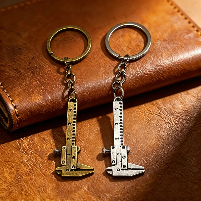 Mini Vernier Caliper Keychain Movable Simulation Ruler Key Ring Retro Metal Tool Pendant Gift for Mechanics Engineers Men