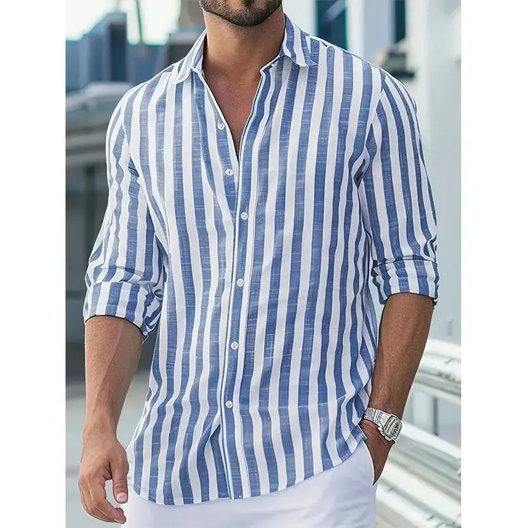 

New Men's Long Sleeve Striped Lapel Shirt Cotton Breathable Moisture Wicking Wear Resistant British Style Spring 2025