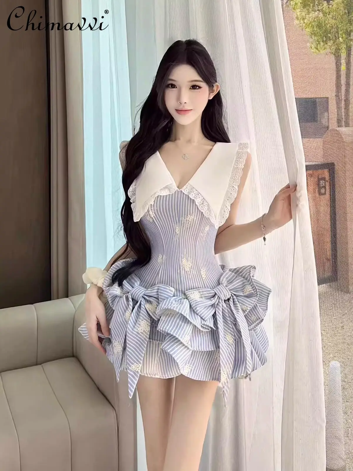 

Fashion Sweet Lace Lapel Silm Sleeveless Vest Tutu Dress Summer New Women's Elegant Vertical Stripes Bow Sleeveless Dress