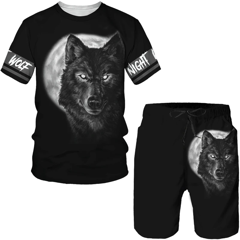 Pantalones cortos deportivos con estampado de lobo 3D para hombre, Conjunto de camiseta de manga corta, traje de moda, chándal de 2 piezas