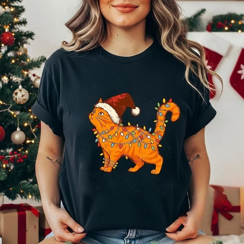 Funny Cat Christmas Shirt Women's Casual Fashion T-Shirts Graphic T-shirt Crew Neck Short Sleeve Top Pet Lover Christmas Gifts