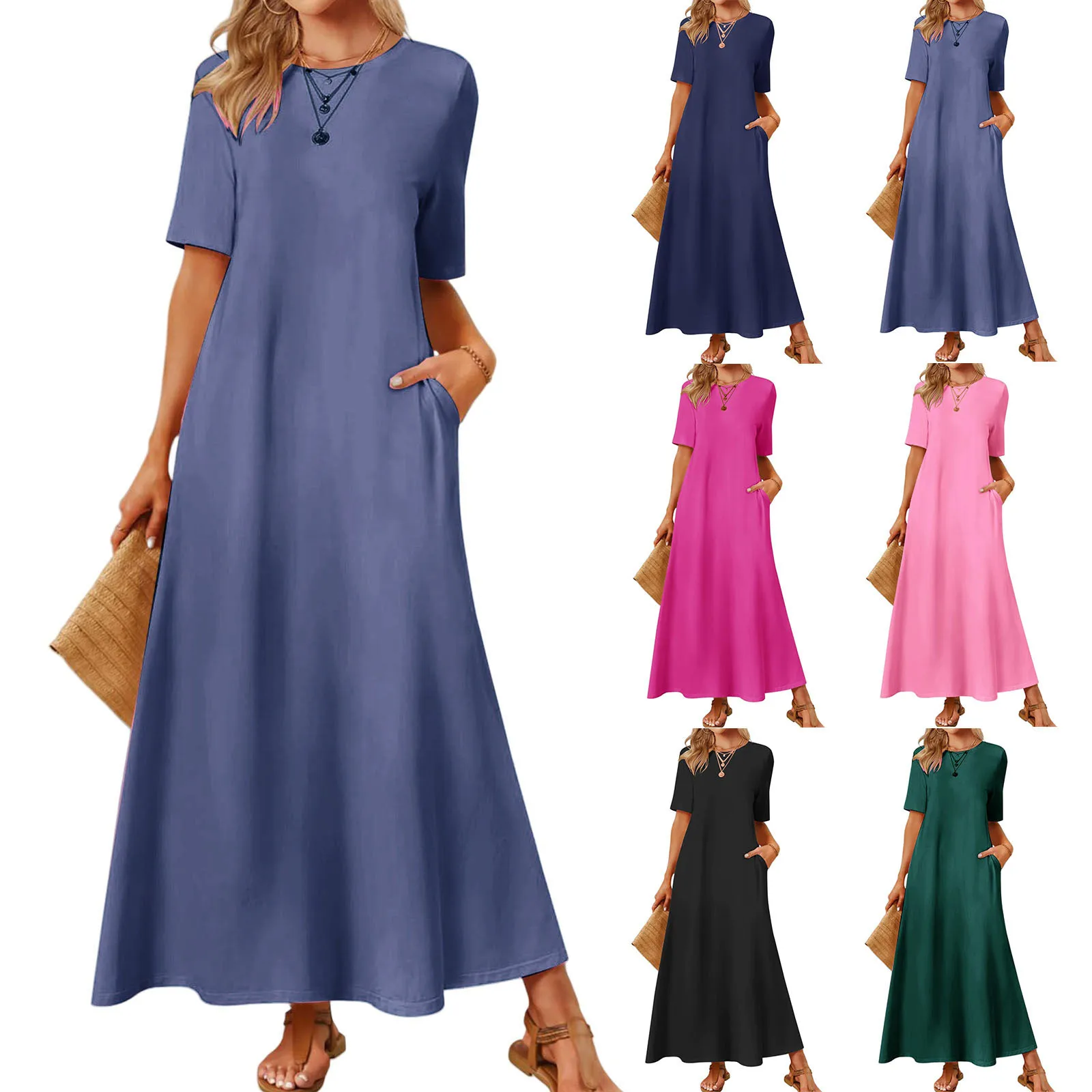 Women's 2025 Summer T Shirt Dress Short Sleeve Crewneck Maxi Dress With Pockets Casual Solid Color Swing A Line Long Dresses