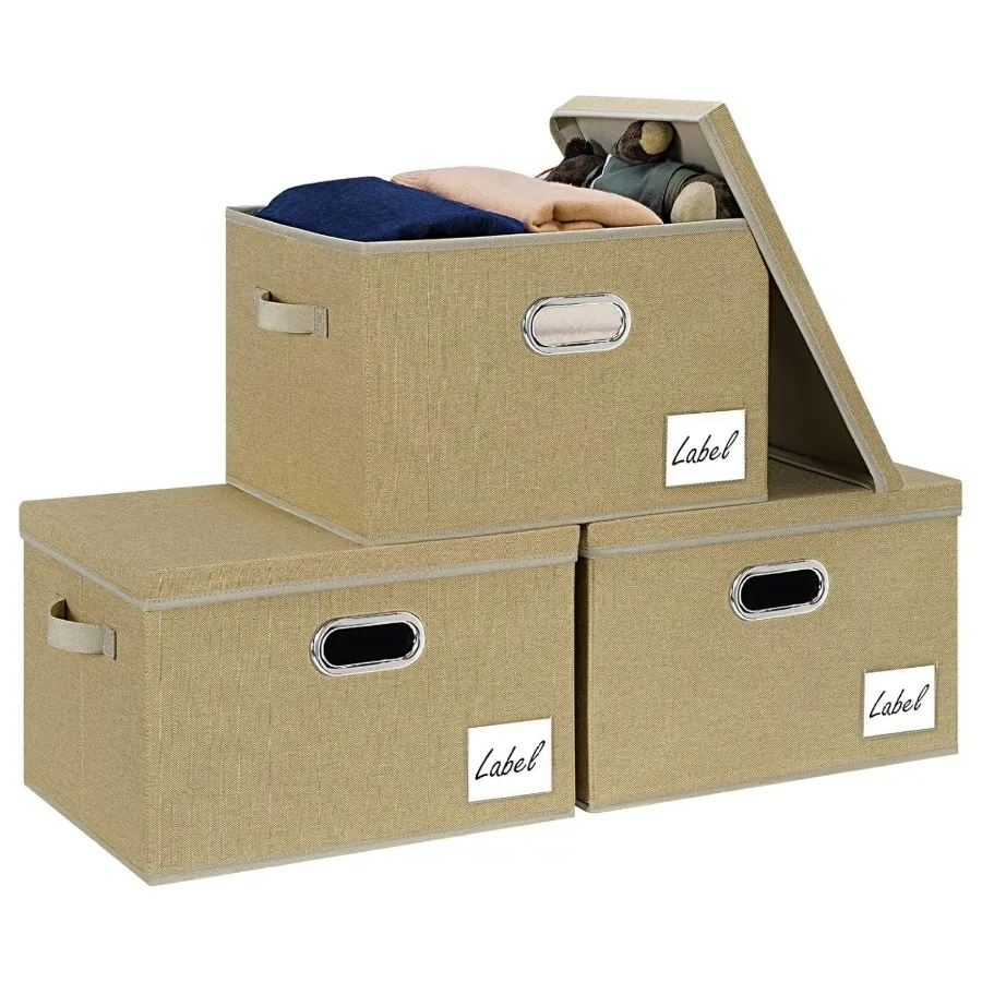 

Large Foldable Storage Bins with Lids [3-Pack], Linen Fabric Foldable Storage Boxes for Closet Organization 15.75x11.8x10.2, St