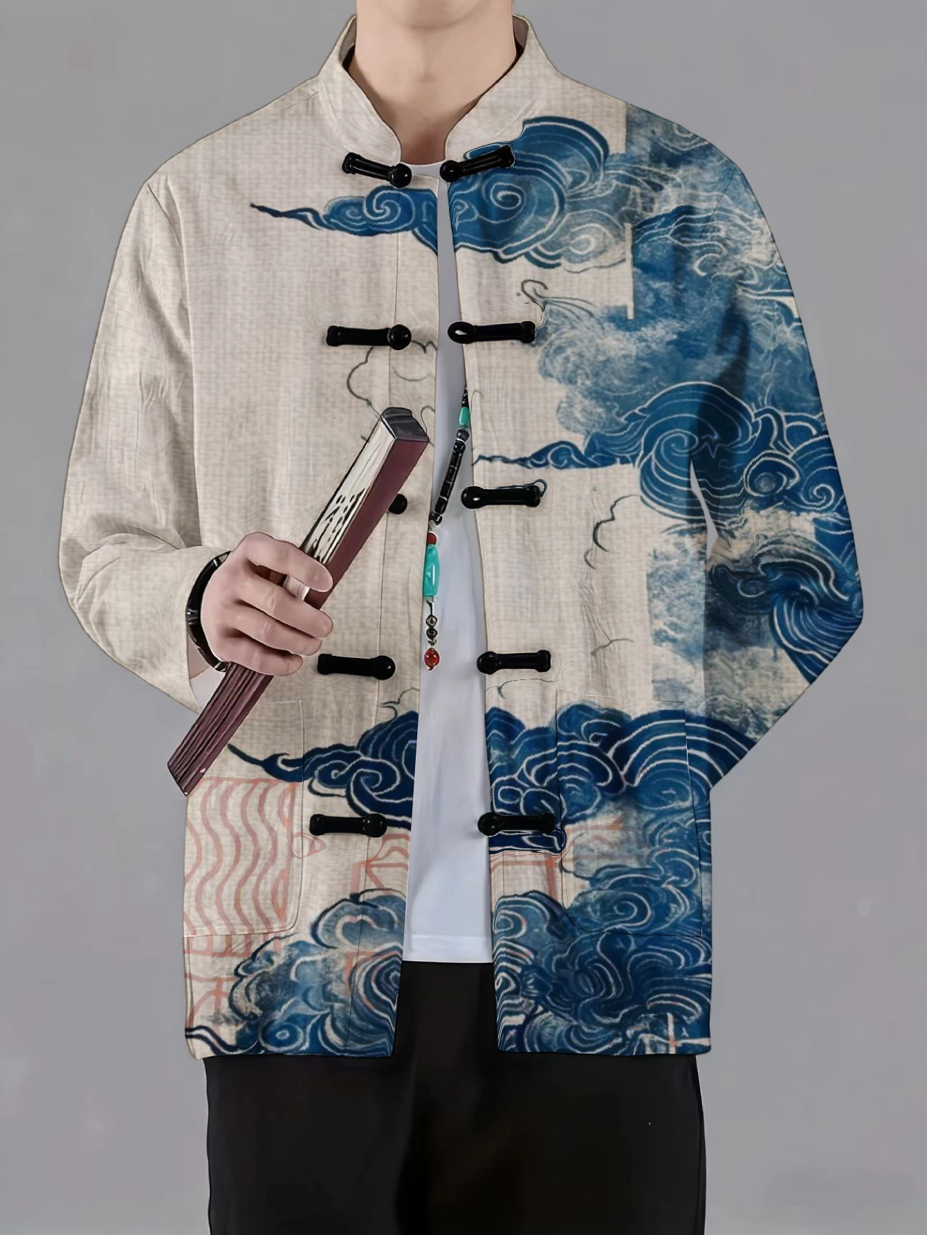 Phone Stands - Men Mandarin Collar Frog Button Jacket