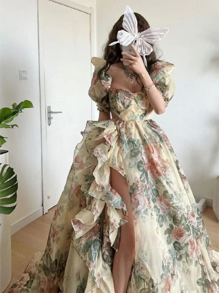 

Evening Party Dress 2023 Summer Short Puff Sleeve Khaki Print Organza Women Floor-Length Overlength Princess Long Dress Female