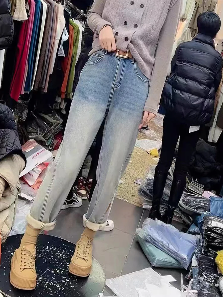 

plus Size Fce Lined Thi Harem Denim Jeans Women's High Waist Wide Leg Pants Loose Fit Slimming Straight Cut Trousers