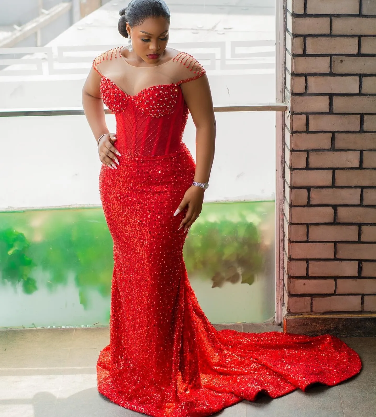 Aso Ebi 2025 Red Mermaid Prom Dresses Sequined Beaded Crystals Evening Party Formal Birthday Enagement Thanksgiving Gowns