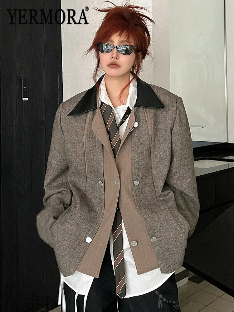 

YERMORA Brown Fake Two Pieces Casual Blazer For Women Lapel Long Sleeve Loose New Jacket Fashion Tide Spring Autumn 2026