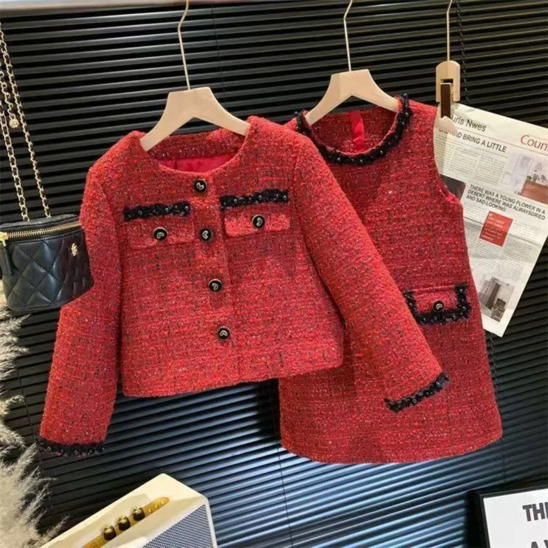 

Autumn and Winter Girls' Clothing Set New Fashionable Children's New Year's Clothing Set Little Girls' Coat Dress Two-Piece Set