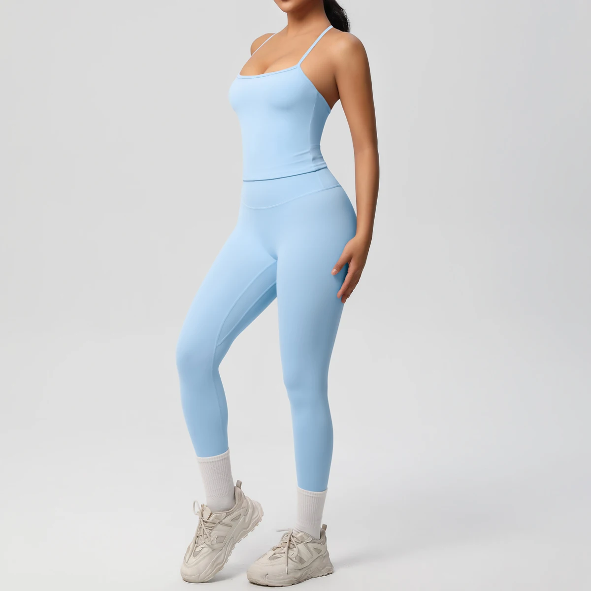 Hochelastisches, sexy, rückenfreies Yoga-Oberteil und -Hose, stoßdämpfendes Lauf-Yoga-Tanktop, einfarbige, schnell trocknende Yoga-Leggings – Detail 23