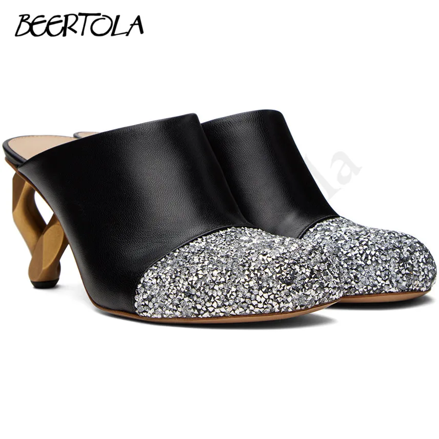 Women's Baotou Hot Diamond Slippers Hollow Back Shaped Gold-Plated Heels Large Size High Heel Mules Fashion Slippers