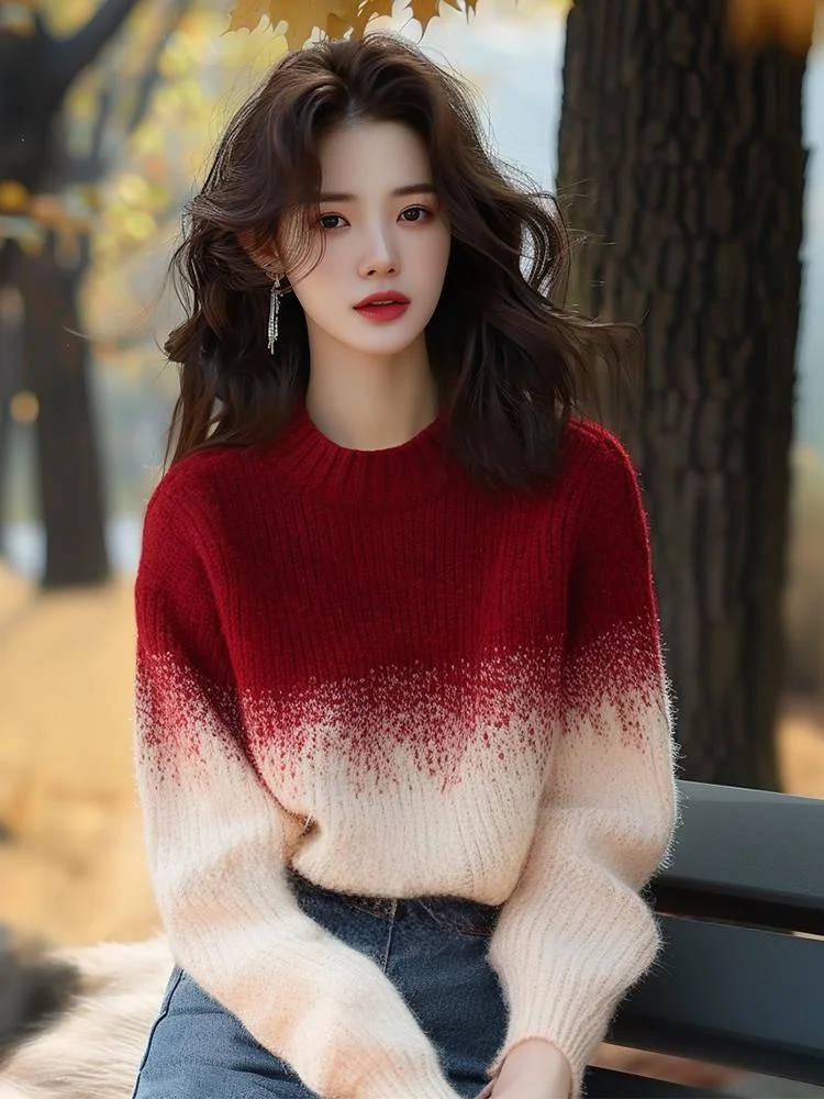 Oule Ankeila Gradient Red And Apricot round Neck Knitwear Women's Autumn Winter Unique Beautiful Top Loose Fit Long Sleeve Wo...