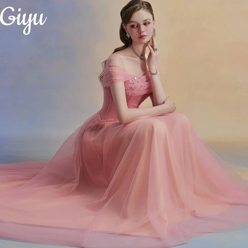 

Giyu Elegant Pink A-line Prom Dresses Off Shoulder Beaded Tulle 2025 New Evening Dresses Special Occasions فساتين سهرة