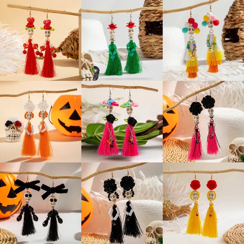 

Trending Funny Halloween Skull Earrings for Women Punk Gothic Colorful Flower Tassel Drop Earrings Jewelry Party Festival Gift
