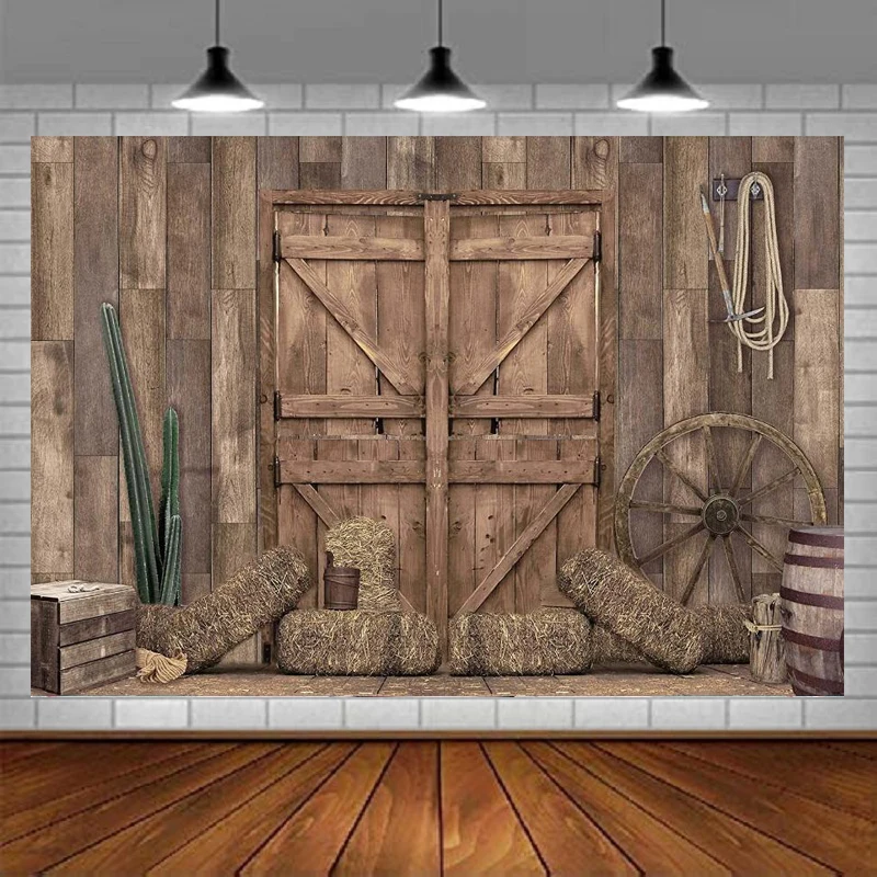 Western Cowboy Photography Backdrop Fall Farm Door Rustic Barn Background Wild West Wooden House Baby Shower Kids Birthday Party