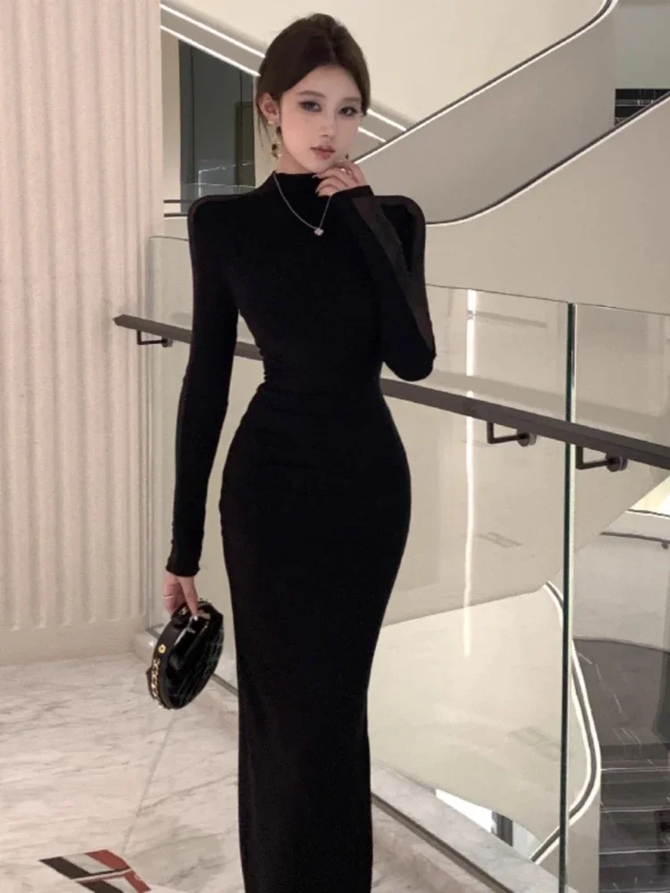 Topanoma Temperament Evening Dresses Women Sexy Mesh Patchwork Long Sleeve Slim Split Cocktail Birthday Party Dress Ladies