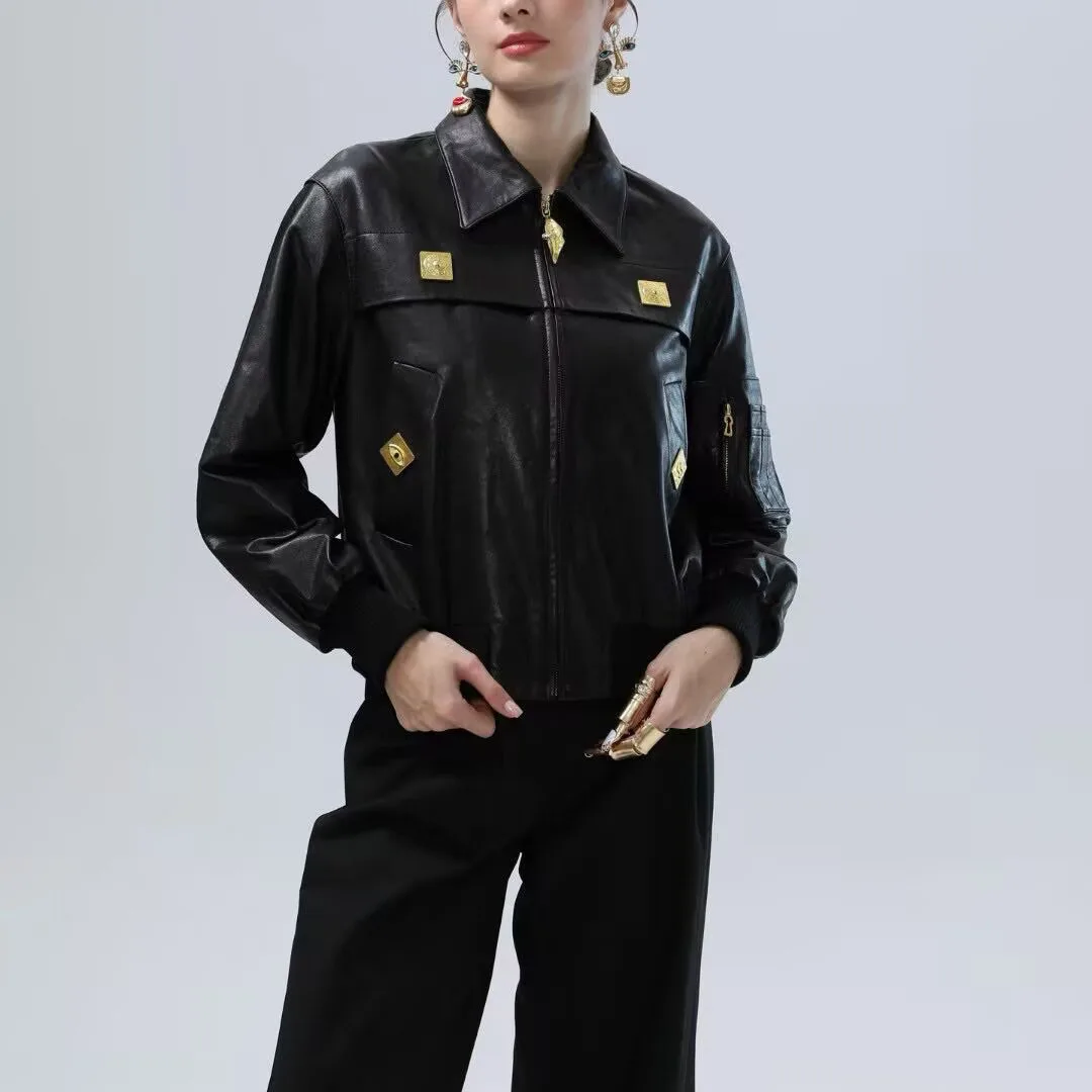 Luksusowa kurtka damska w stylu retro motocyklowym, wykonana w 100% ze skóry owczej, z klapami, długimi rękawami, złotym zamkiem błyskawicznym i guzikami, streetwearowa, stylowa kurtka.