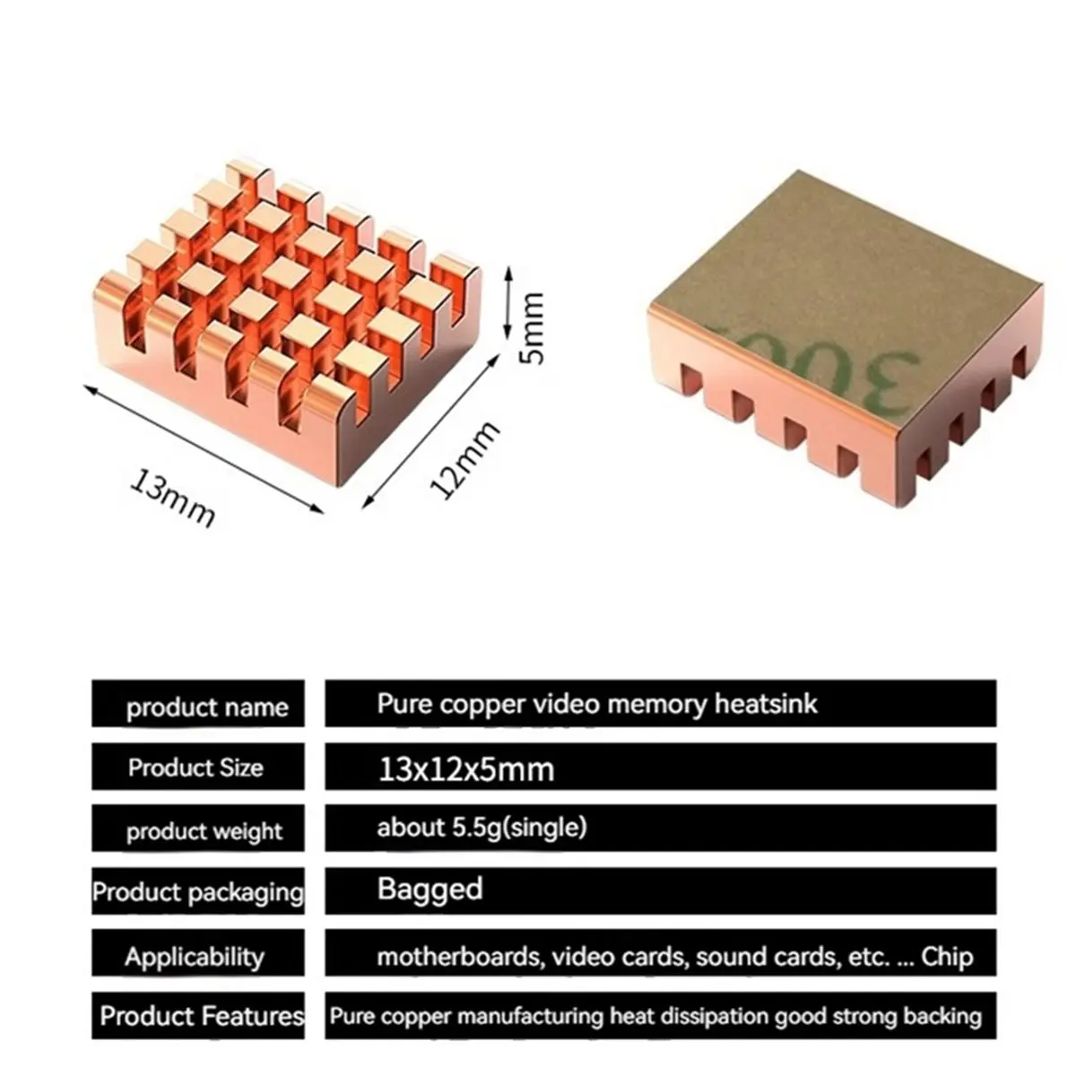 #62C 12-PCS VRAM Copper Heatsink 13x12x5mm Thermal Conductive,copper heat sink,(Copper Color)