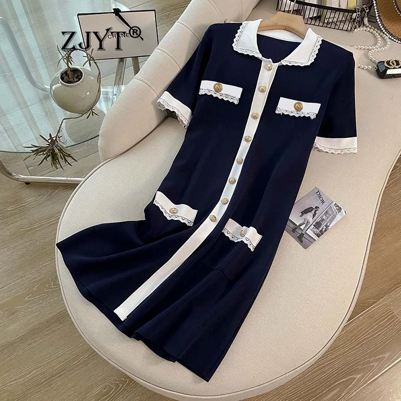 

ZJYT Summer Women's Color Block Knitting Sweater Dress Female Clothes 2024 Short Sleeve Casual Dress White Vestidos Femininos