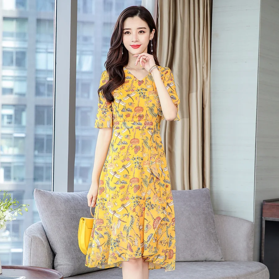 Robe d'été mi-longue en mousseline de soie, style bohème, vintage, jaune, imprimé floral, décontractée, tenue de plage, fête, élégante, été, 2024