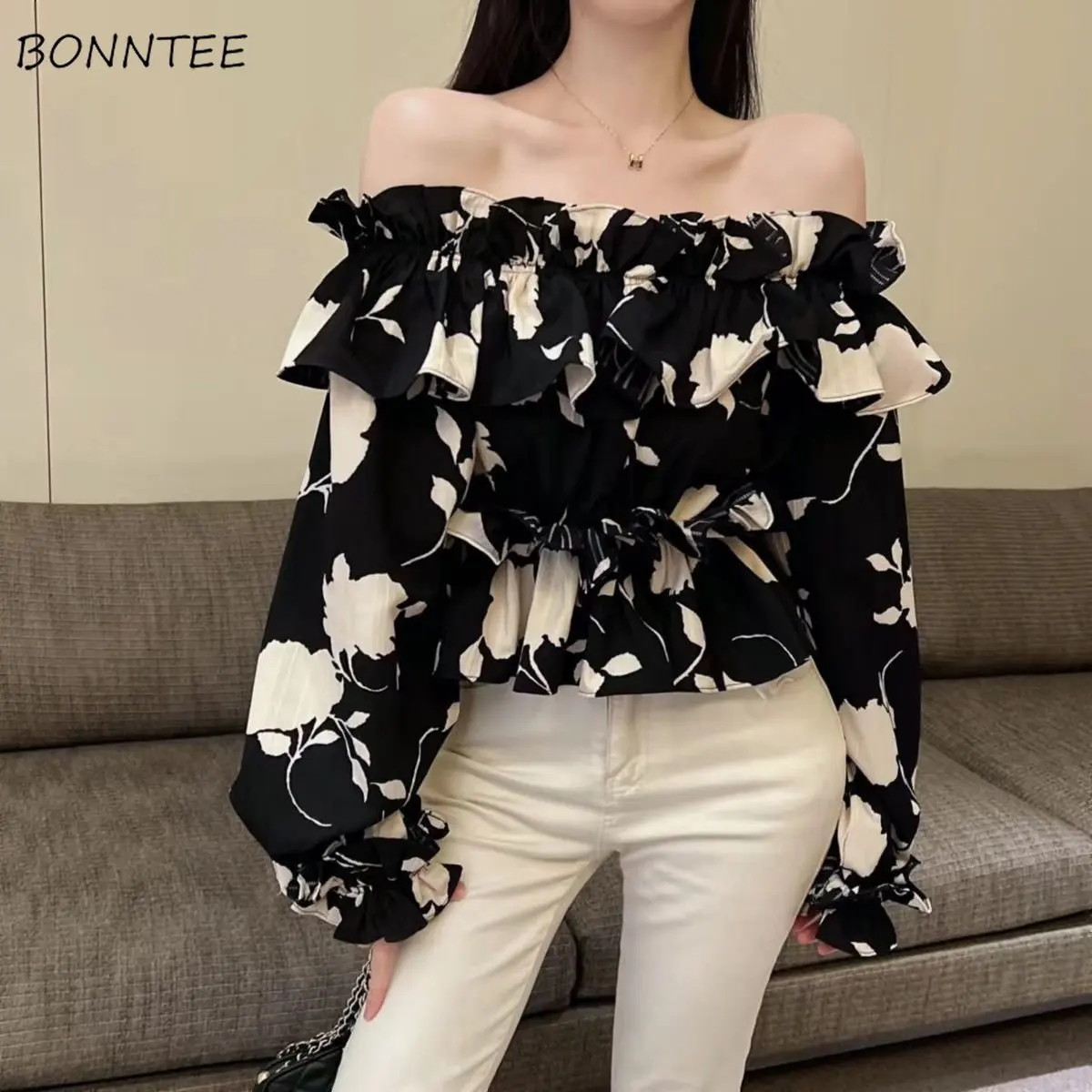 Blouses Women New Arrival Spring French Style Slash Neck Ruffles Floral All-match Ladies Sexy Sweet Ins College Skinny Clothing