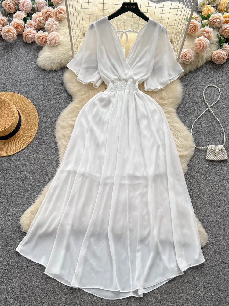 Women Fashion Vintage Elegant Chiffon Casual Dress Summer V-neck Short Sleeve Elastic Waist Slim A-line Beach Long Dresses