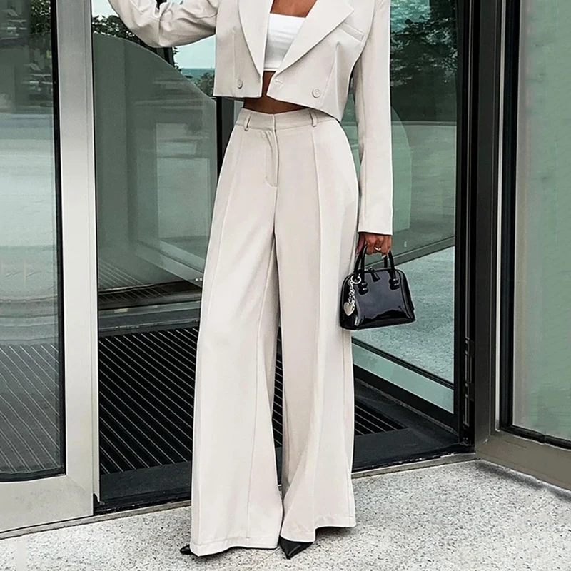 Wefads Autumn Women 2 Piece Set Office Simple Solid Long Sleeve Lapel High Waist Top Loose Straight Pantse Sets Streetwear