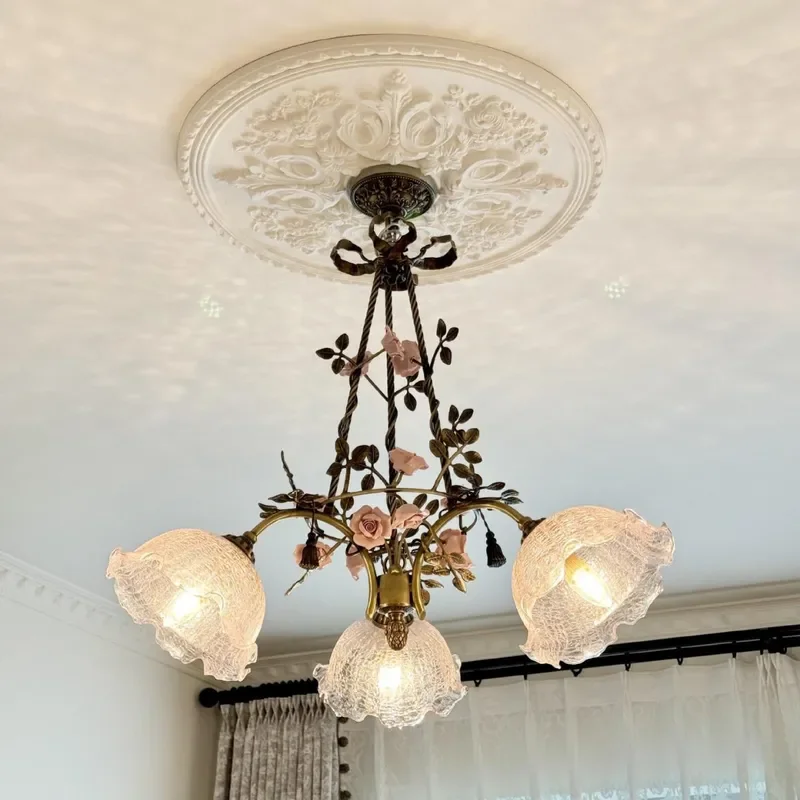French Pastoral Full Copper Chandelier Pink Rose Design Retro Pendant Light for Living Room Dining Bedroom Home Decor