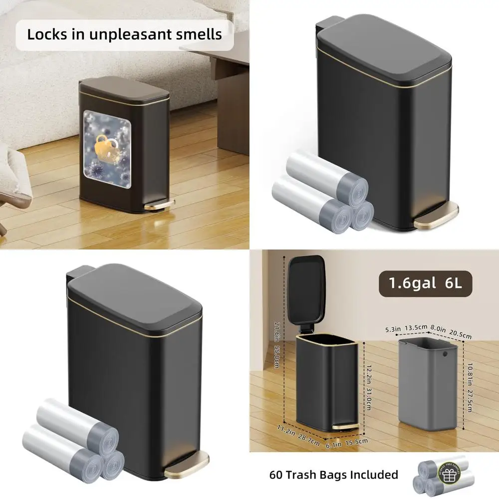 

Stainless Steel 6L Step-On Trash Bin with Soft Close Lid and Removable Inner Bucket for Small Spaces