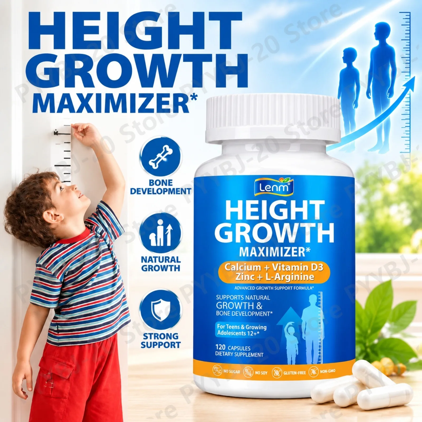 Lenm Teen Bone Growth Capsules Bone Development Bone Strength Immune Support with Calcium Vitamin D3 Zinc Complex Formula 120ct