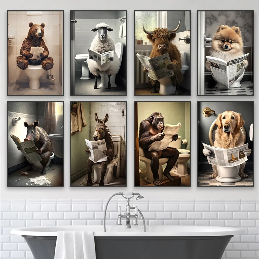 1pc frameless Canvas Painting Chimpanzee Sitting On Toilet Reading Newspaper Poster Funny Bathroom Animal Humor Print Pomeranian