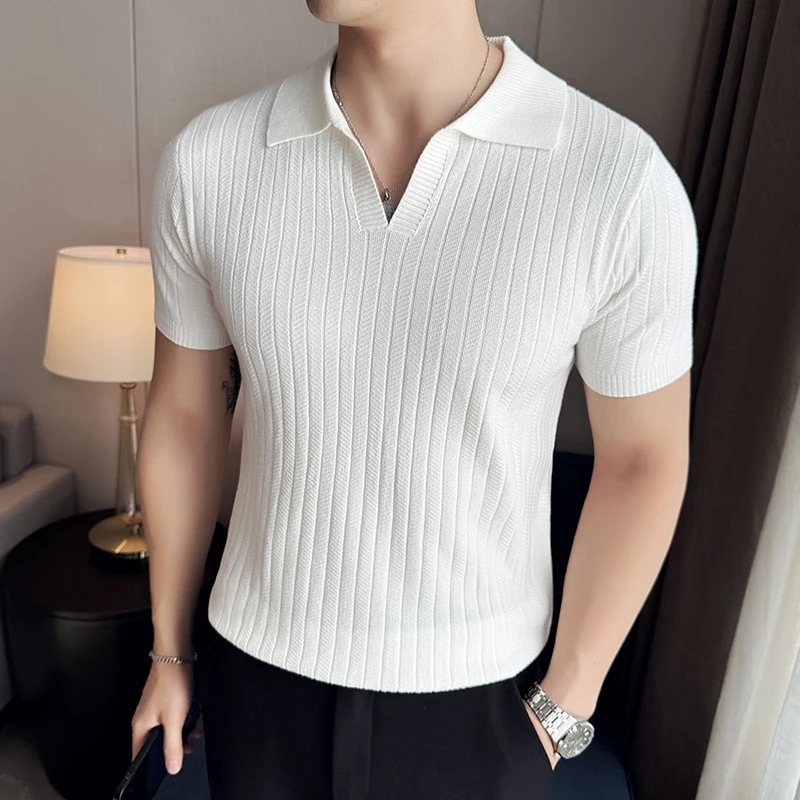 Men Striped Polo Shirt 2024 Summer Light Thin Breathable Solid Casual Elastic Slim Fit Short Sleeved V-neck T-shirt Men Clothing