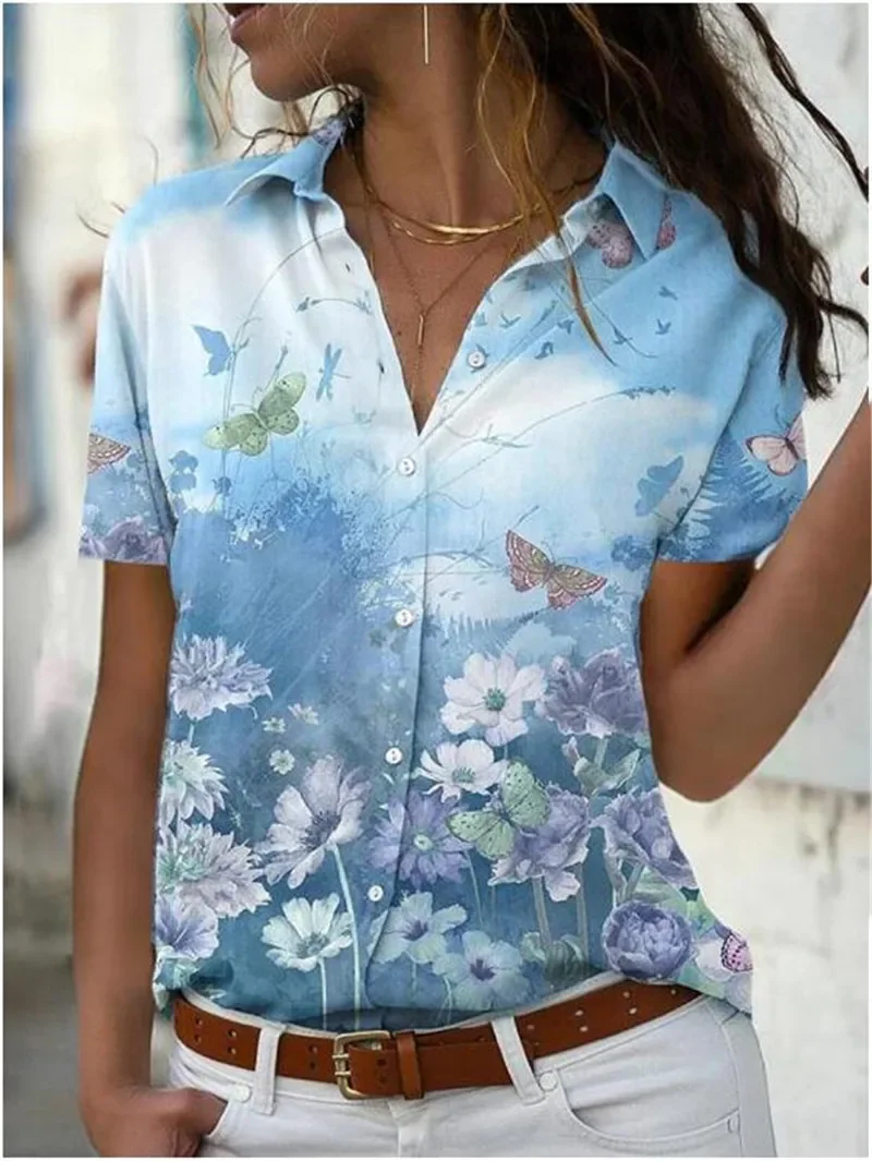 

Elegant Short Sleeve Butterfly flowers Pattern Women Shirts Summer New Short Sleeve 3D Gradient Printed Street Ladies Blouse 3XL