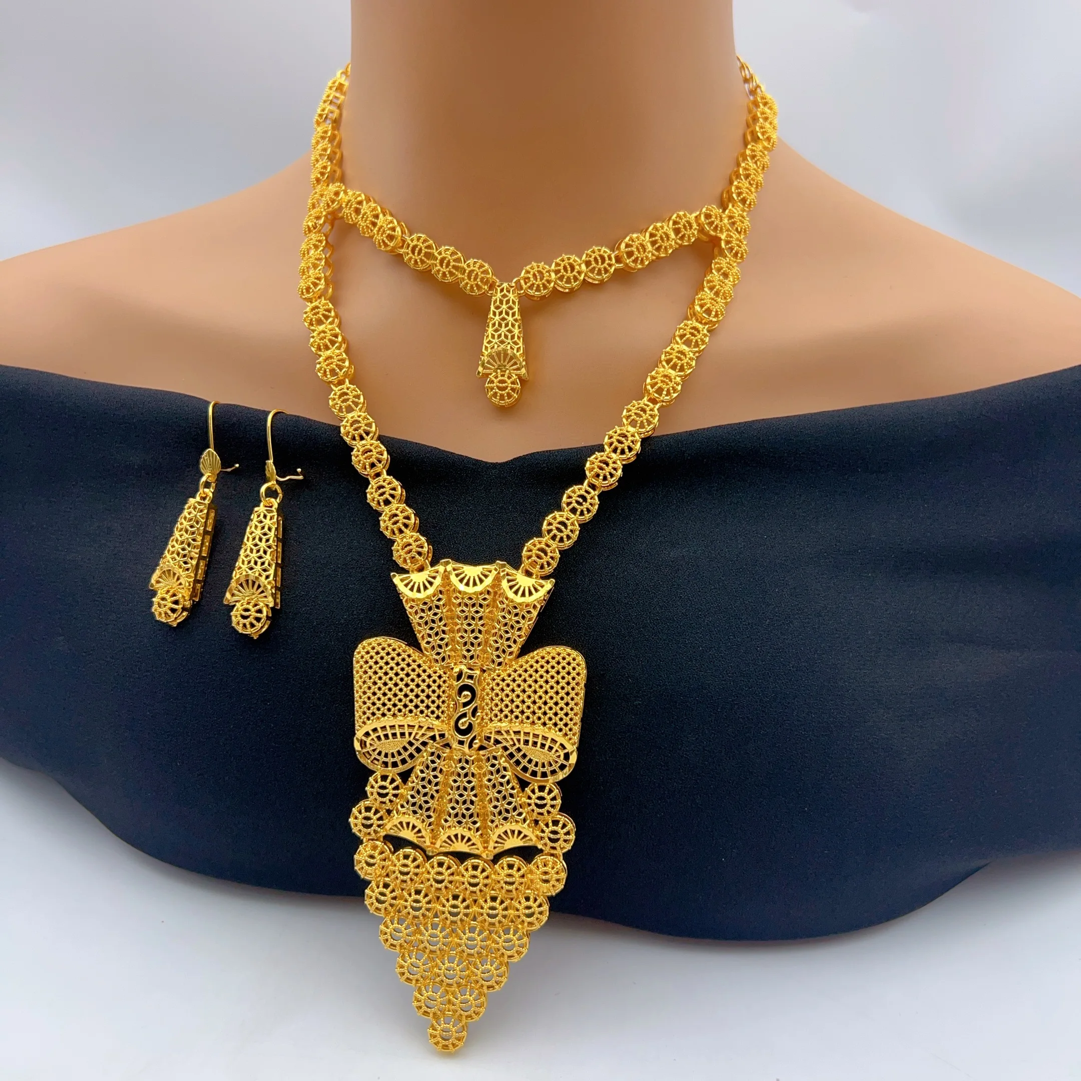 Nigeria Long Necklace and Earrings Sets for Bridal Ethiopian Indian 24k Gold Color Dubai Jewelry Earrings Banquet Party Gifts
