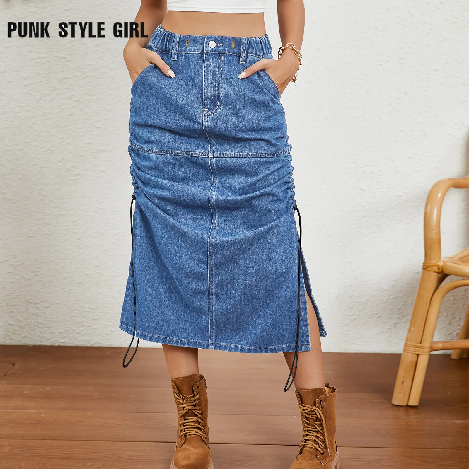 

Summer Drawstring Midi Long Denim Women's Skirt Split Side Elastic High Waist Solid Color Casual Loose Vintage Midi Jeans Skirts