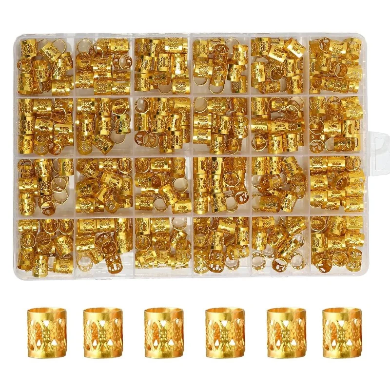 

400PCS Gold Classic Braid Hair Rings Box Set Adjustable Metal Hair Cuffs for Braiding Extensions Easy To Use for Party Daily