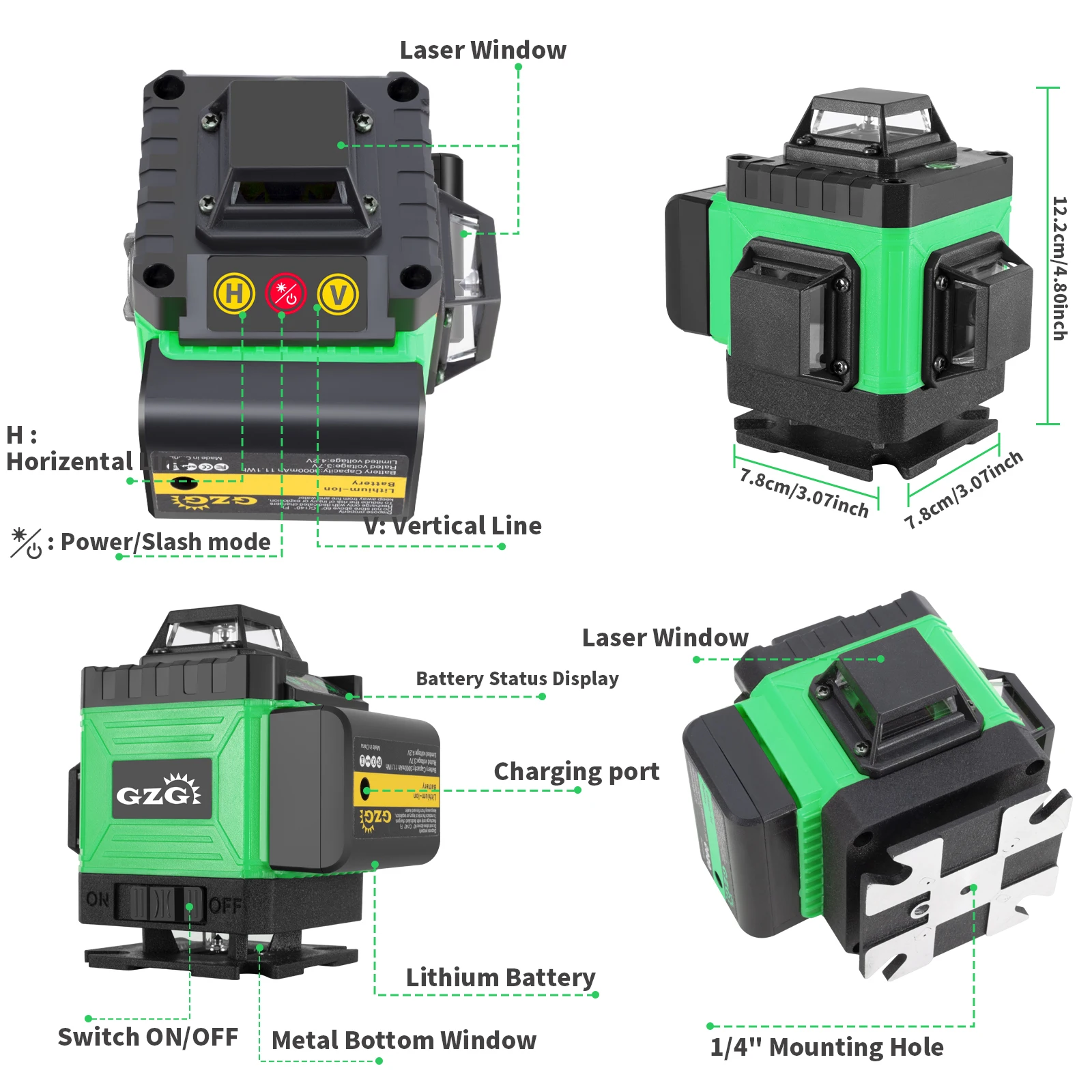 GZG 16-Line Laser Level Pro, USB Cable 18650 Lithium Battery, 0.4-1mW Green Beam for Construction, DIY Projects