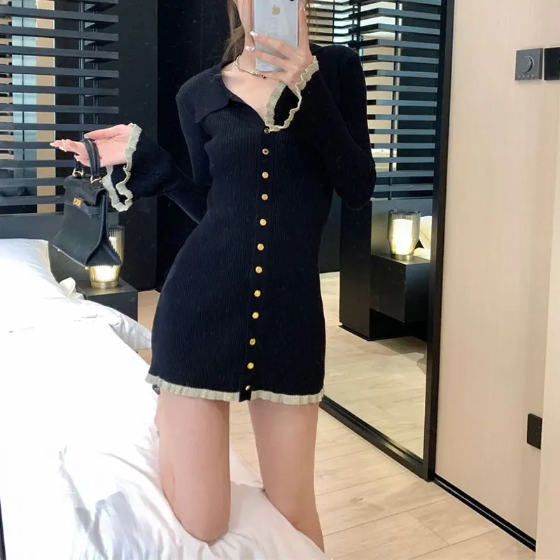 Female Clothing Slim Bag Hip Mini Dress Autumn Winter Fashion Lace Spliced Basic Solid Color Waist Hotsweet Long Sleeve Dresses