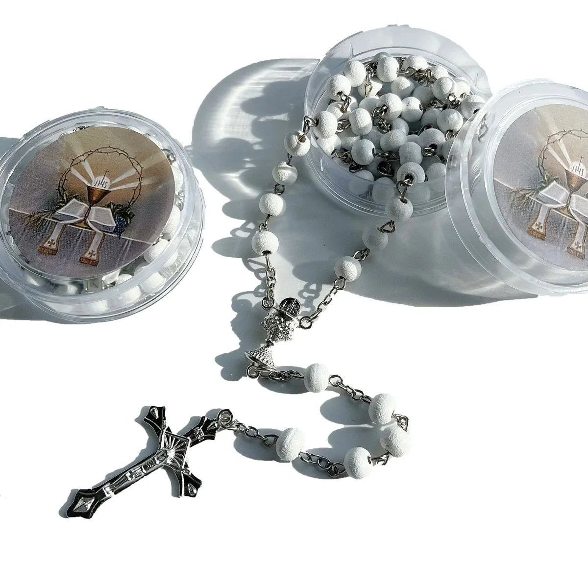 12-piece set of hexagonal box wooden rosary necklace, Holy Grail IHS cross baptism, religious gifts for men and women view 6