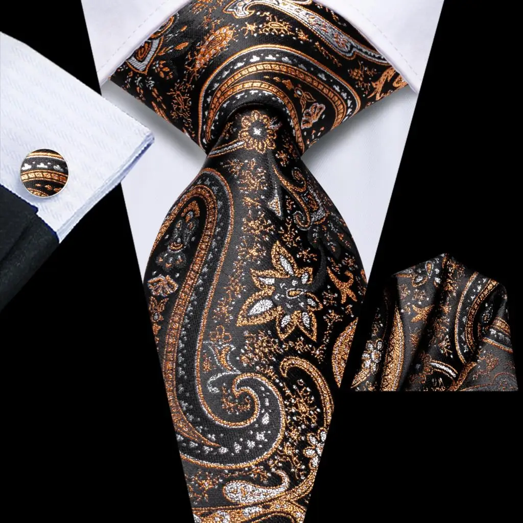 

Black Orange Paisley Hi-Tie 2023 New Designer Gift Tie for Men Fashion Brand Wedding Party Necktie Handky Cufflinks Wholesale