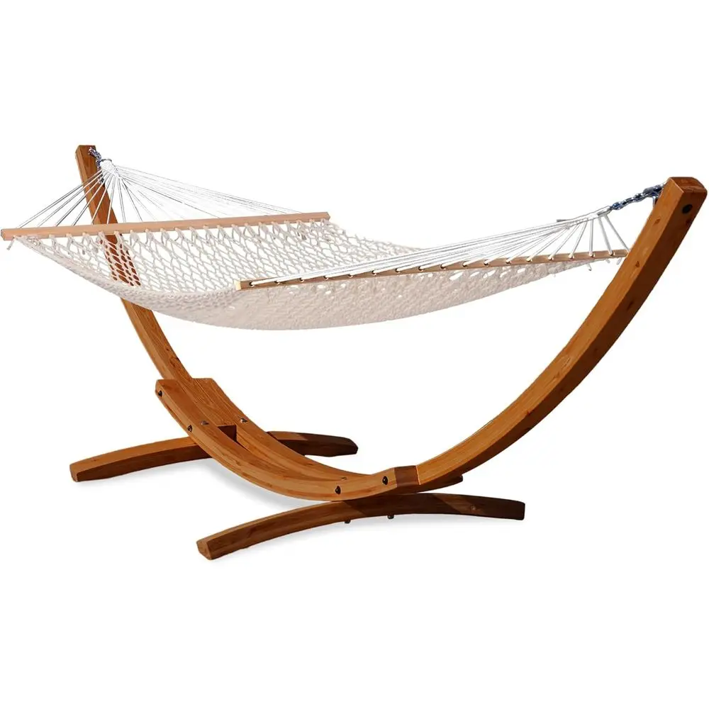 Double Rope Hammock with Wooden Arc Stand, 2-Person Cotton Hammock, 450 lbs Capacity, Natural