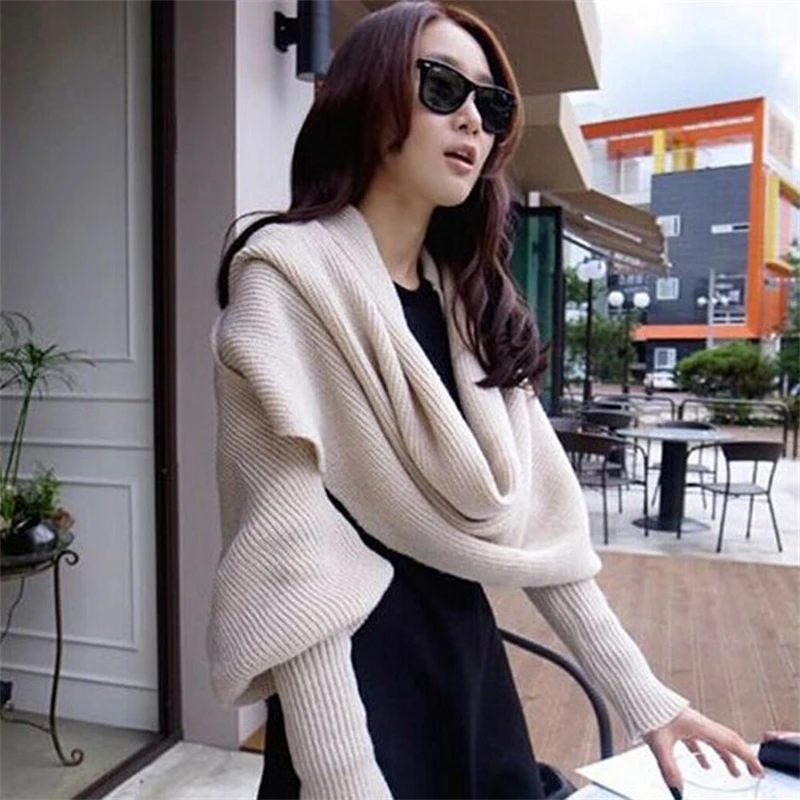 European Style Winter Women Long Scarf with Sleeves Wool Knitted Scarves for Women Thick Warm Casual Shawl High Quality