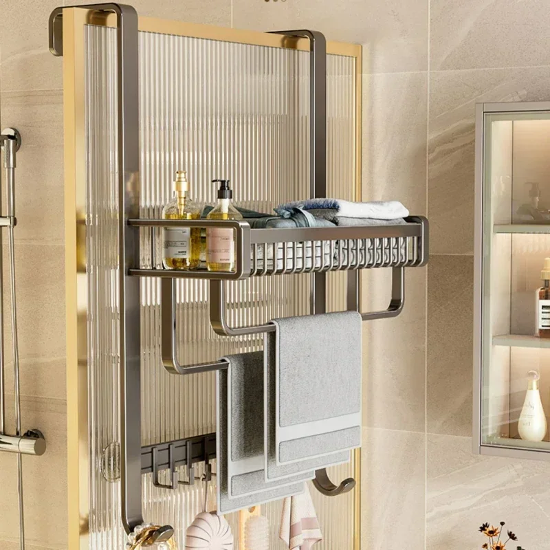 Double Rod Bathroom Shelf: No Drill Towel Rack, Strong Load-Bearing, Shower Room Organizer, Space Efficient Storage