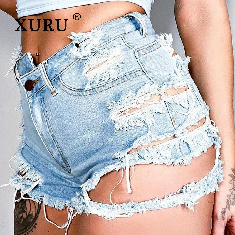 

XURU-Women's Distressed Denim Shorts, Sexy Fringe Hot Pants, European and American, N10- TS-A7120, New