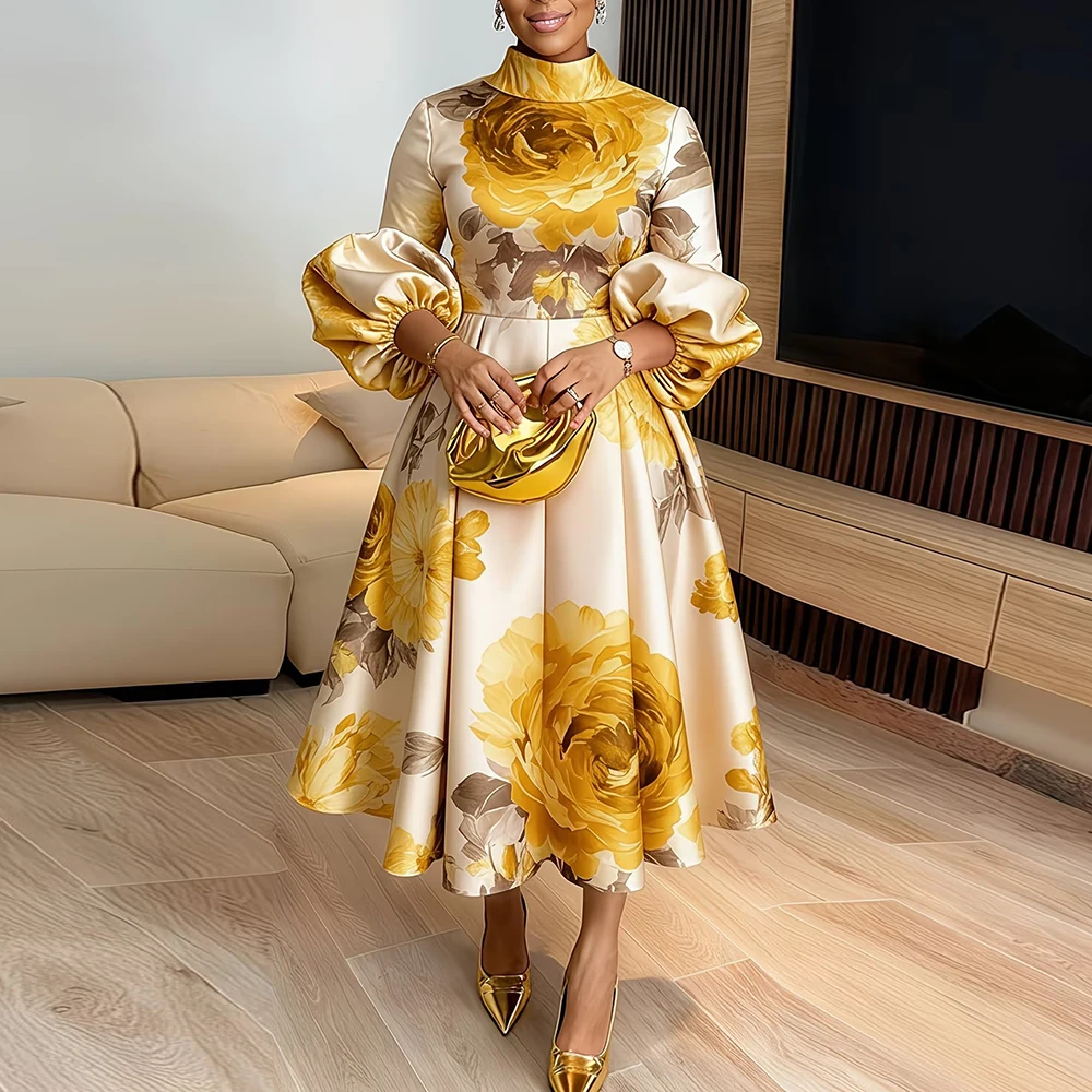 Vestido midi de satén con estampado floral para mujer, cuello alto, manga abullonada, cintura alta, ajustado, elegante, largo, para invitadas de boda