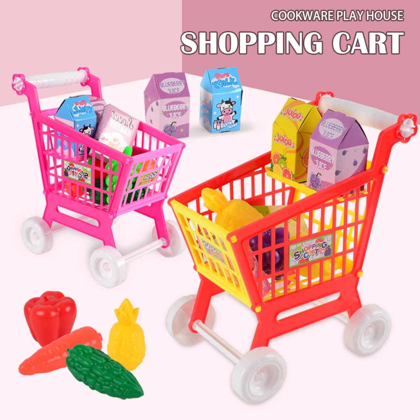 Jouets de chariot de courses de supermarché, chariot de jeu de fruits et légumes de cuisine pour cadeaux d'épicerie pour enfants de plus de 3 ans