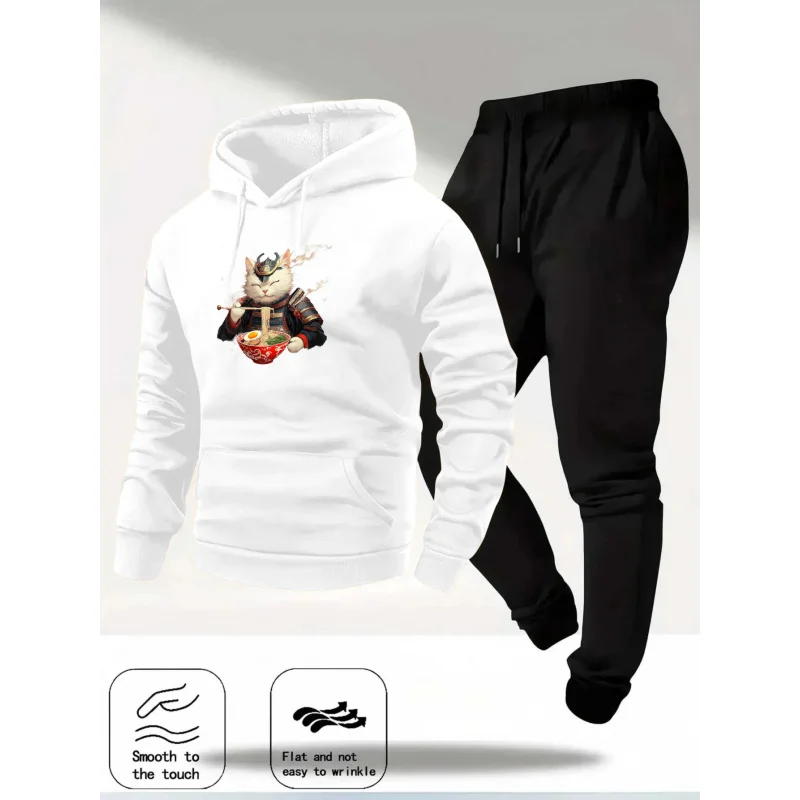 طقم هوديي رمادي فاتح + نمط مطبوع عليه نودلز تناول القطط