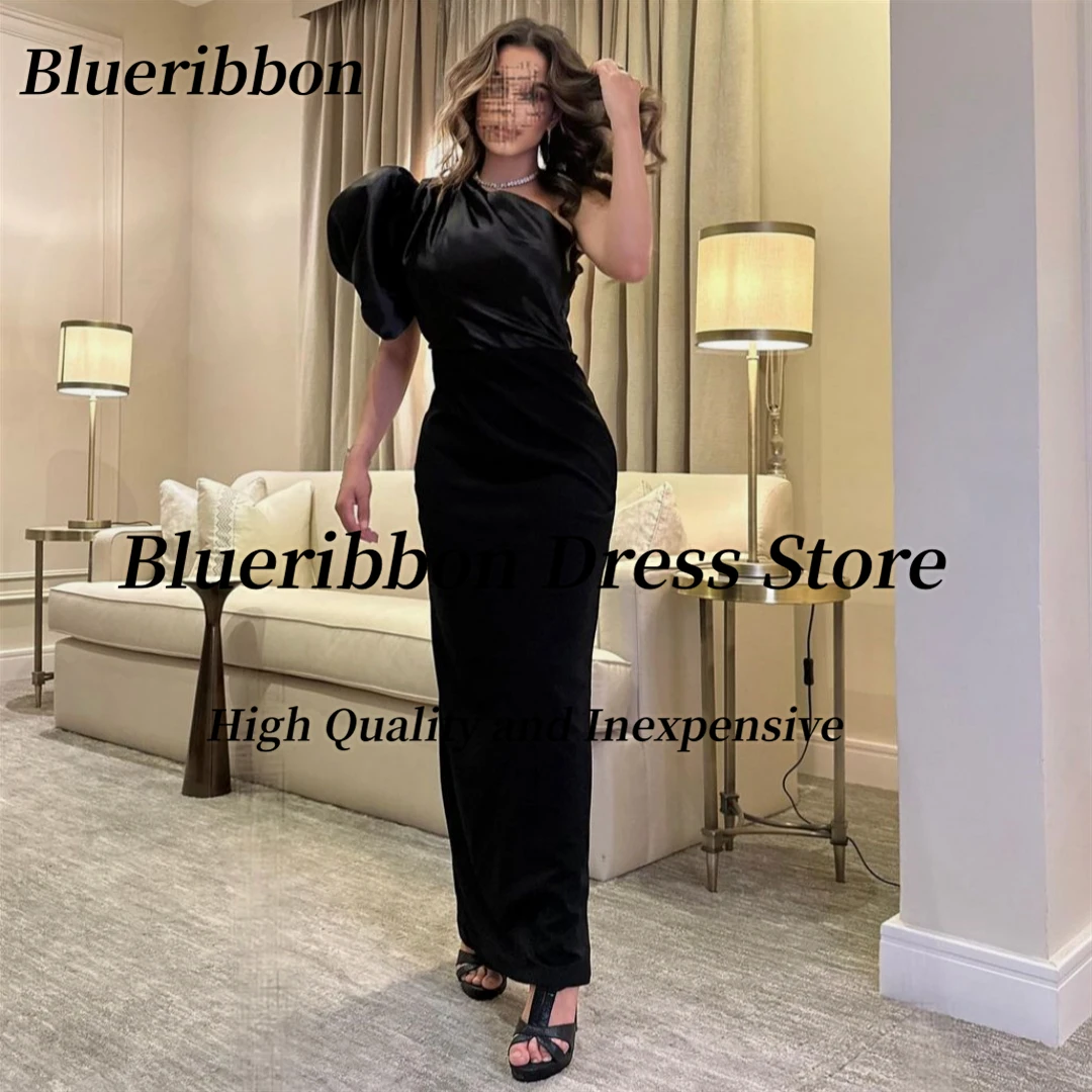 

Blueribbon Vestido Formatura Black Ankle Length Mermaid Prom Dresses Ruched One Shoulder Evening Party Dress Short Puffy Sleeve